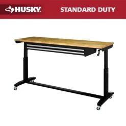 Husky 72 In. W X 24 In. D 2-Drawer Adjustable Height Black Workbench Table With Solid Wood Top