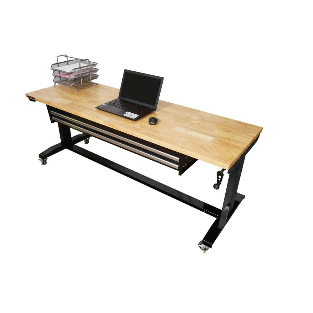 Husky 72 In. W X 24 In. D 2-Drawer Adjustable Height Black Workbench Table With Solid Wood Top 7 Husky 72 In. W X 24 In. D 2-Drawer Adjustable Height Black Workbench Table With Solid Wood Top - Image 7