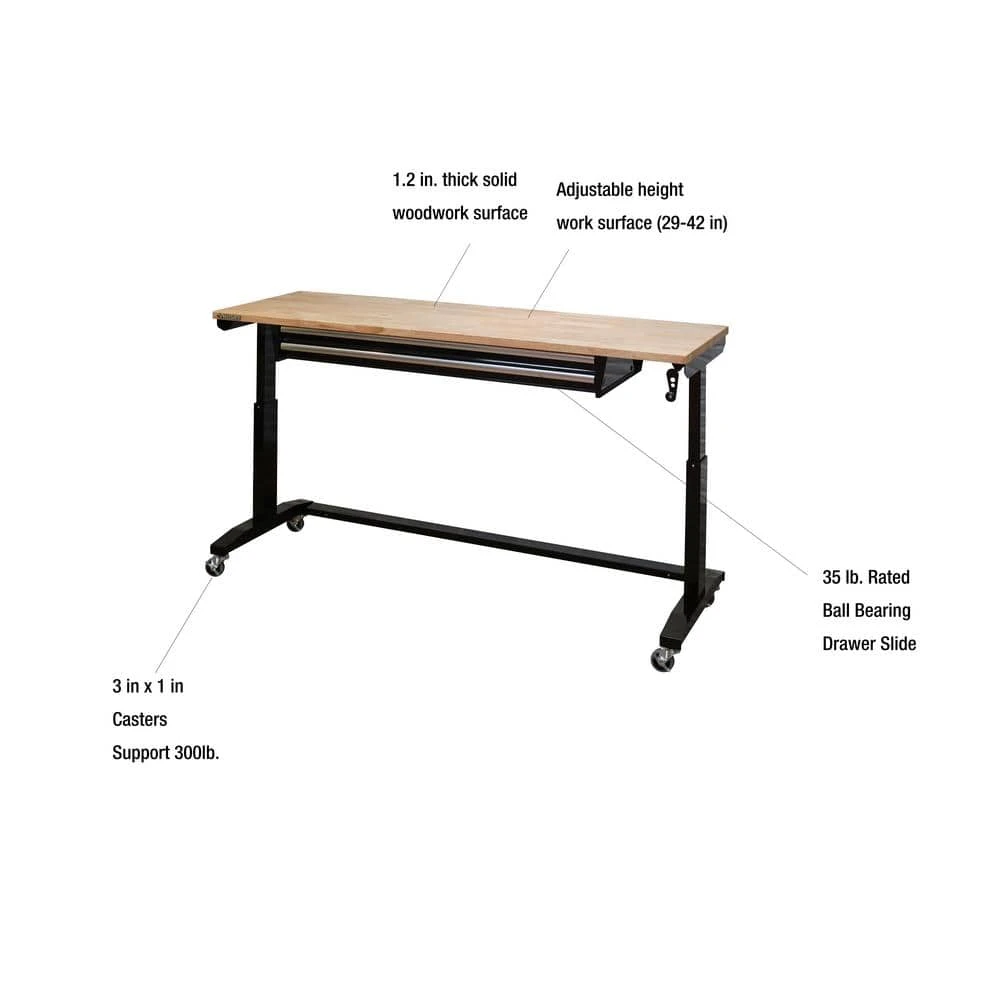 Husky 72 In. W X 24 In. D 2-Drawer Adjustable Height Black Workbench Table With Solid Wood Top 2 Husky 72 In. W X 24 In. D 2-Drawer Adjustable Height Black Workbench Table With Solid Wood Top - Image 2