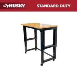 Husky 46 In. W X 24 In. Deep Adjustable Height Work Table With Solid Wood Top, Gloss Black