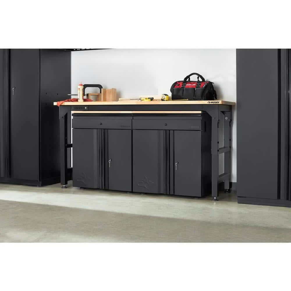 Husky 72 In. W X 23 In. D Adjustable Height Black Workbench, Solid Wood Top For Heavy Duty Welded Steel Garage Storage System 2 Husky 72 In. W X 23 In. D Adjustable Height Black Workbench, Solid Wood Top For Heavy Duty Welded Steel Garage Storage System - Image 2