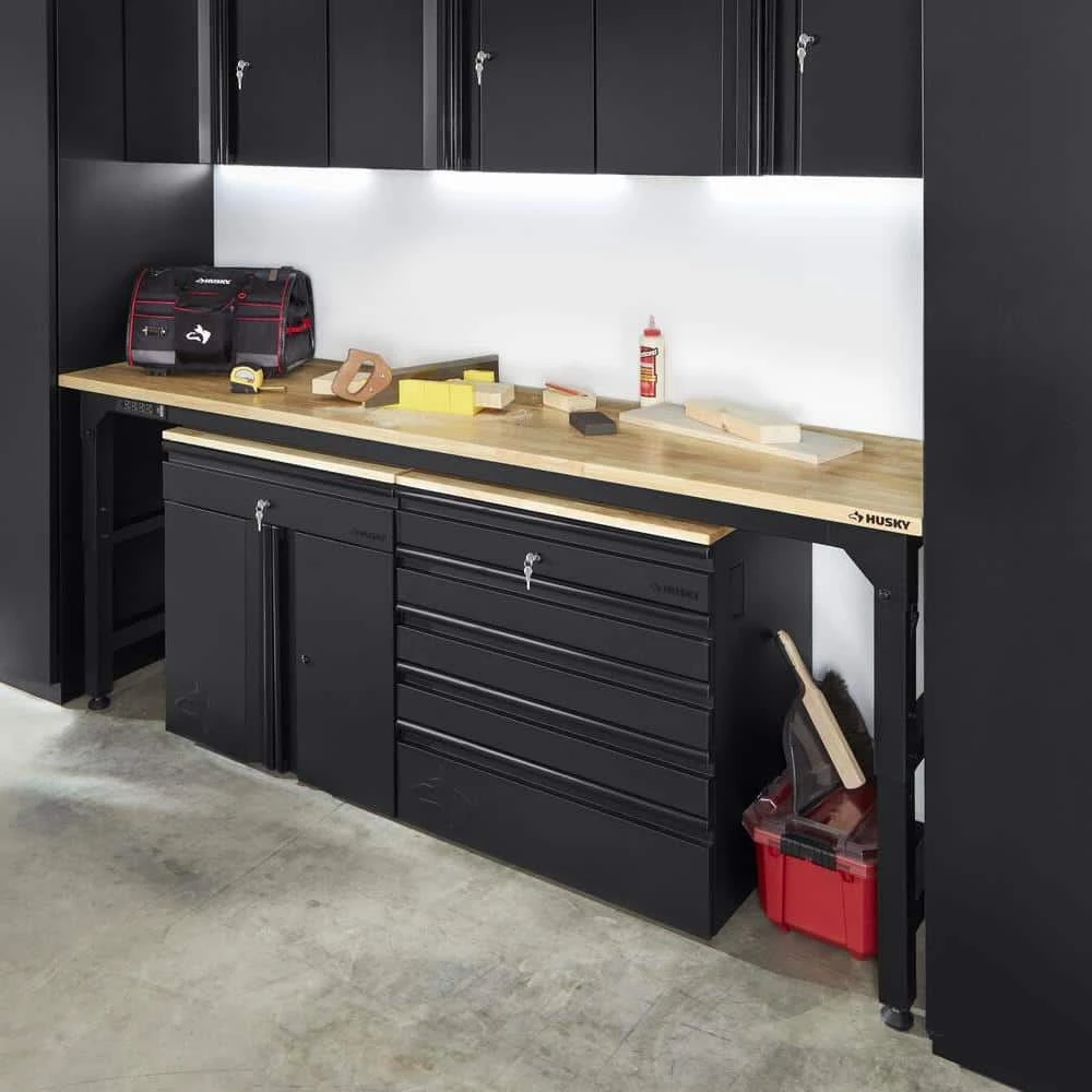 Husky 96 In. W X 23 In. D Adjustable Height Extra Wide Heavy Duty Black Workbench With Solid Wood Top 3 Husky 96 In. W X 23 In. D Adjustable Height Extra Wide Heavy Duty Black Workbench With Solid Wood Top - Image 3