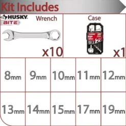 Husky BITE Metric Combination Wrench Set (10-Piece) -Husky Shop husky wrench sets hbcw10xlm 40 1000