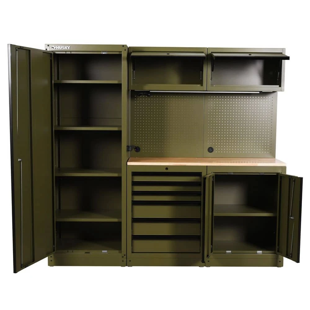 Husky 80.2 In. W X 75 In. H X 19.2 In. D Steel 8-Piece Garage Storage System In Matte Army Green With Solid Wood Worktop 5 Husky 80.2 In. W X 75 In. H X 19.2 In. D Steel 8-Piece Garage Storage System In Matte Army Green With Solid Wood Worktop - Image 5