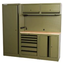 Husky 80.2 In. W X 75 In. H X 19.2 In. D Steel 8-Piece Garage Storage System In Matte Army Green With Solid Wood Worktop