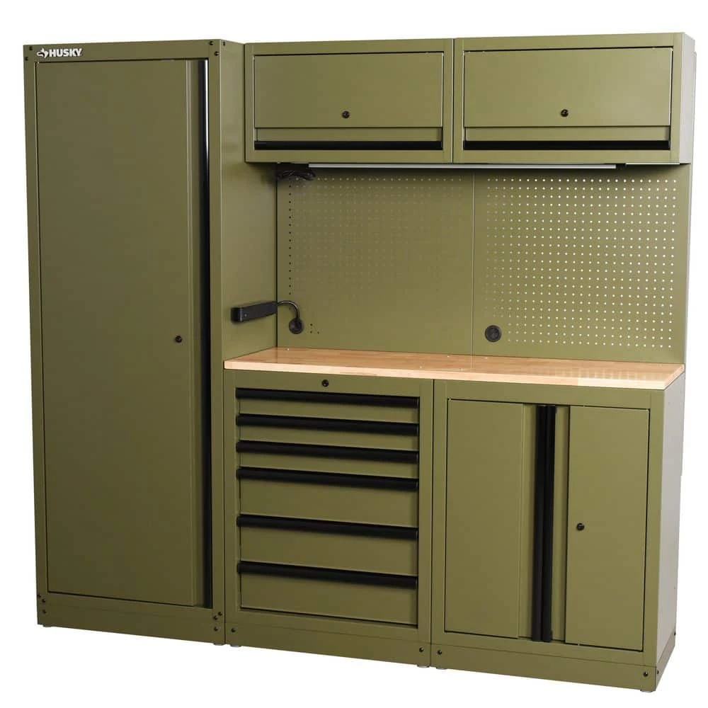 Husky 80.2 In. W X 75 In. H X 19.2 In. D Steel 8-Piece Garage Storage System In Matte Army Green With Solid Wood Worktop 1 Husky 80.2 In. W X 75 In. H X 19.2 In. D Steel 8-Piece Garage Storage System In Matte Army Green With Solid Wood Worktop
