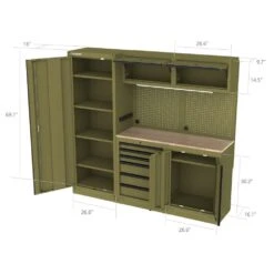 Husky 80.2 In. W X 75 In. H X 19.2 In. D Steel 8-Piece Garage Storage System In Matte Army Green With Solid Wood Worktop 19 Husky 80.2 In. W X 75 In. H X 19.2 In. D Steel 8-Piece Garage Storage System In Matte Army Green With Solid Wood Worktop -Husky Shop matte army green husky garage storage systems hgrgsuitearmy 77 1000