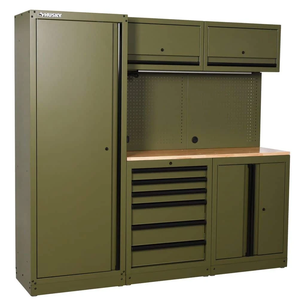 Husky 80.2 In. W X 75 In. H X 19.2 In. D Steel 8-Piece Garage Storage System In Matte Army Green With Solid Wood Worktop 4 Husky 80.2 In. W X 75 In. H X 19.2 In. D Steel 8-Piece Garage Storage System In Matte Army Green With Solid Wood Worktop - Image 4