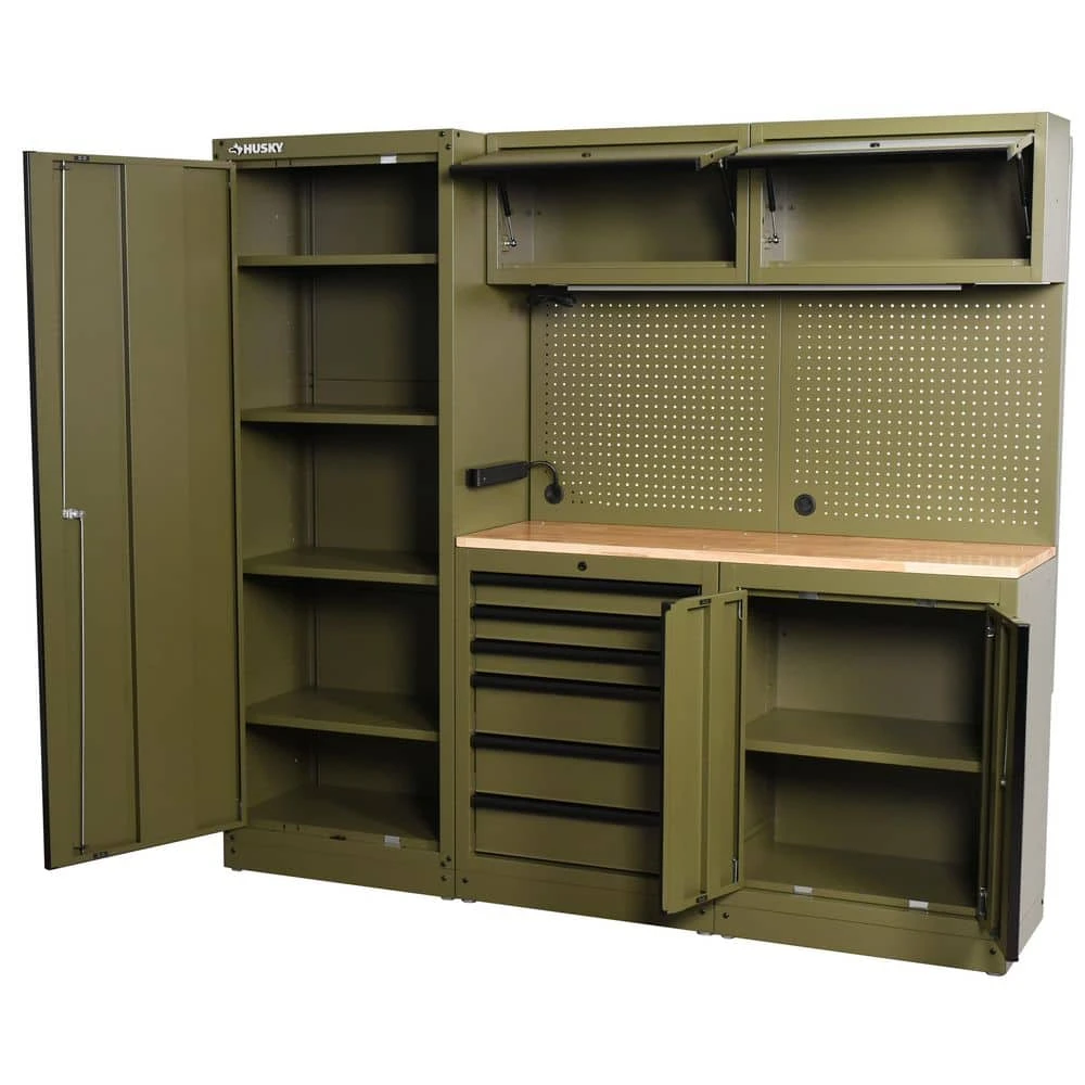 Husky 80.2 In. W X 75 In. H X 19.2 In. D Steel 8-Piece Garage Storage System In Matte Army Green With Solid Wood Worktop 2 Husky 80.2 In. W X 75 In. H X 19.2 In. D Steel 8-Piece Garage Storage System In Matte Army Green With Solid Wood Worktop - Image 2