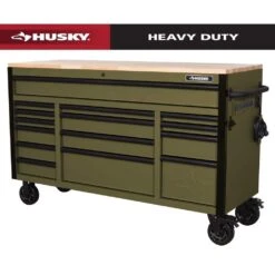 Husky Heavy Duty 61 In. W X 23 In. D 15-Drawer Matte Army Green Mobile Workbench Cabinet With Solid Wood Top