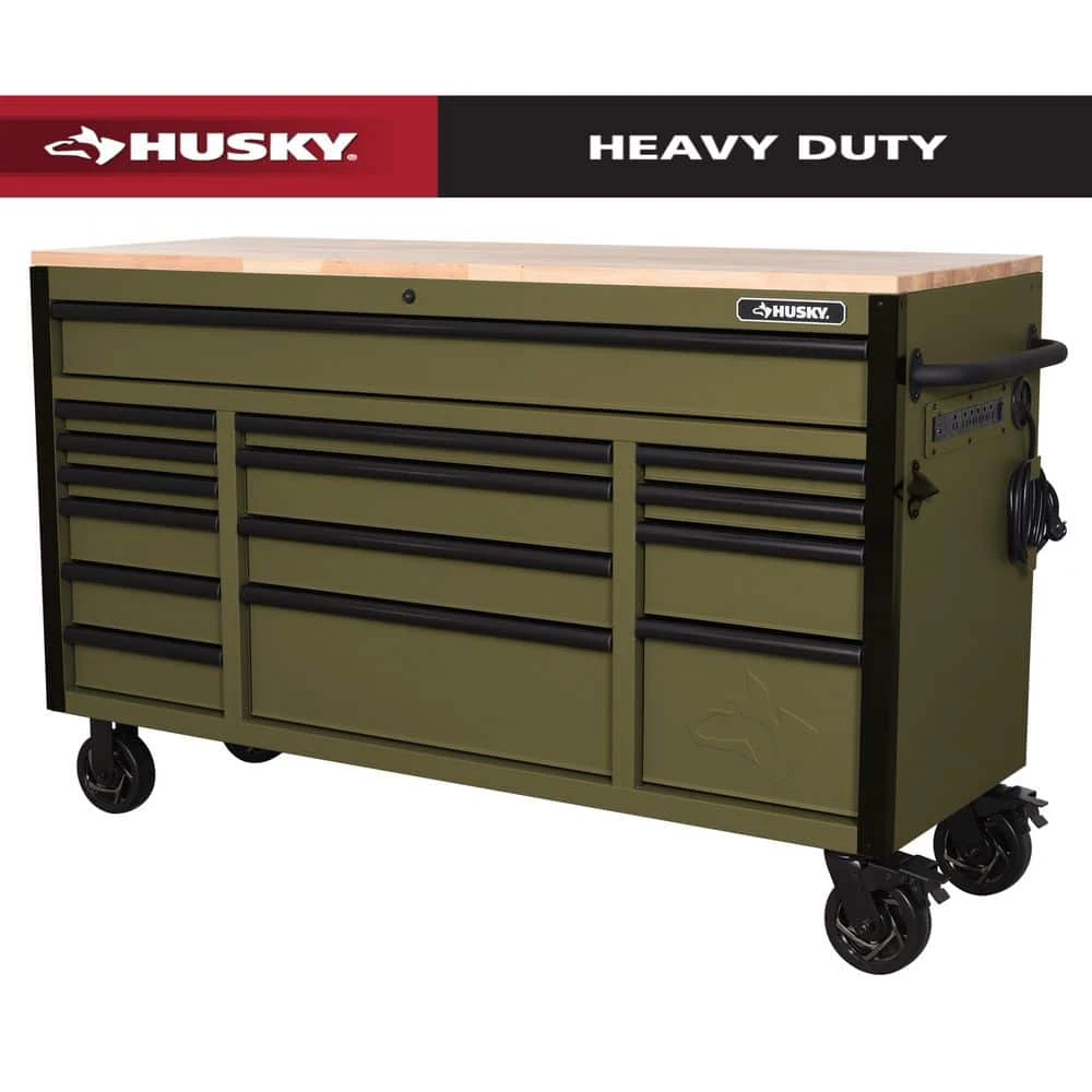 Husky Heavy Duty 61 In. W X 23 In. D 15-Drawer Matte Army Green Mobile Workbench Cabinet With Solid Wood Top 1 Husky Heavy Duty 61 In. W X 23 In. D 15-Drawer Matte Army Green Mobile Workbench Cabinet With Solid Wood Top