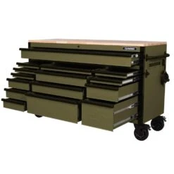 Husky Heavy Duty 61 In. W X 23 In. D 15-Drawer Matte Army Green Mobile Workbench Cabinet With Solid Wood Top 17 Husky Heavy Duty 61 In. W X 23 In. D 15-Drawer Matte Army Green Mobile Workbench Cabinet With Solid Wood Top -Husky Shop matte army green husky mobile workbenches h61mwc15hdarmy tl 77 1000