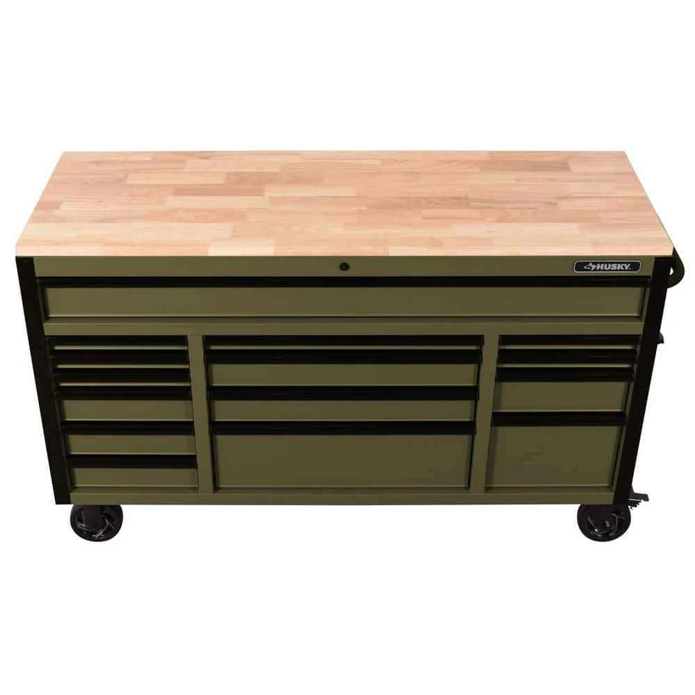 Husky Heavy Duty 61 In. W X 23 In. D 15-Drawer Matte Army Green Mobile Workbench Cabinet With Solid Wood Top 4 Husky Heavy Duty 61 In. W X 23 In. D 15-Drawer Matte Army Green Mobile Workbench Cabinet With Solid Wood Top - Image 4