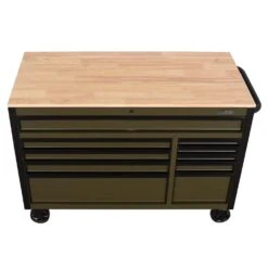 Husky Limited Edition 52 In. X 24.5 In. D 10-Drawer Army Green Mobile Workbench With Solid Wood Top -Husky Shop matte army green husky tool cabinets h52mwc10army a0 1000