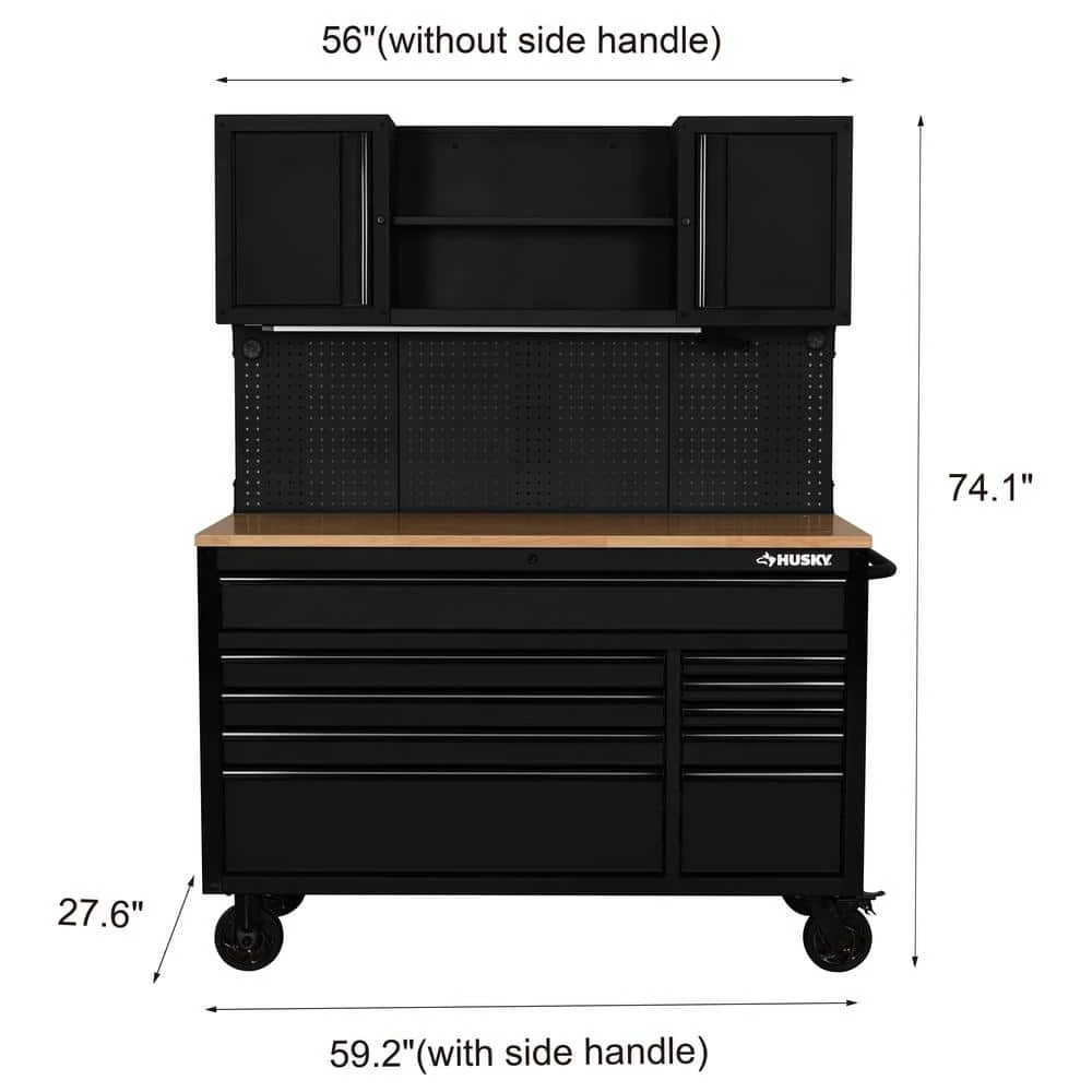 Husky 56 In. W X 27.6 In. D 10-Drawer Matte Black Heavy-Duty Mobile Workbench With Pegboard And Top Cabinets 3 Husky 56 In. W X 27.6 In. D 10-Drawer Matte Black Heavy-Duty Mobile Workbench With Pegboard And Top Cabinets - Image 3