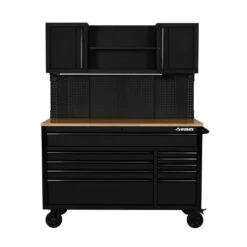 Husky 56 In. W X 27.6 In. D 10-Drawer Matte Black Heavy-Duty Mobile Workbench With Pegboard And Top Cabinets 23 Husky 56 In. W X 27.6 In. D 10-Drawer Matte Black Heavy-Duty Mobile Workbench With Pegboard And Top Cabinets -Husky Shop matte black husky mobile workbenches h56ultwsmb 4f 1000