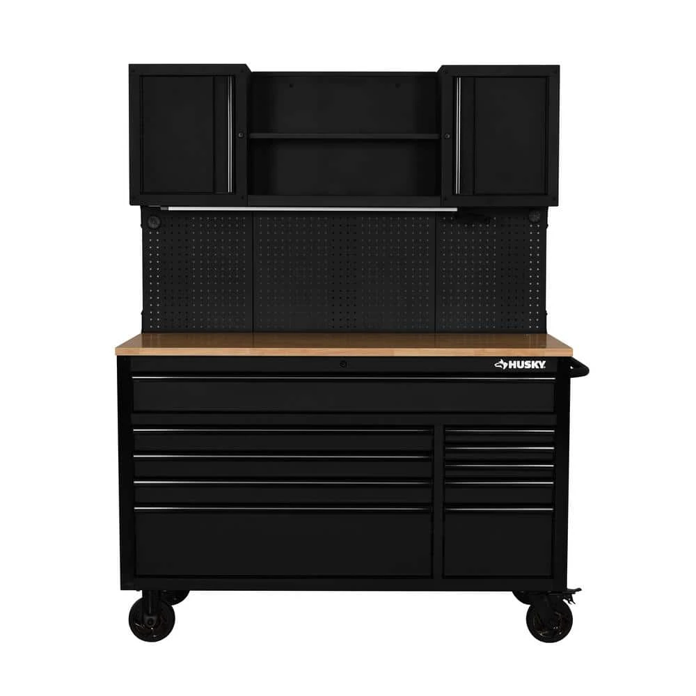 Husky 56 In. W X 27.6 In. D 10-Drawer Matte Black Heavy-Duty Mobile Workbench With Pegboard And Top Cabinets 9 Husky 56 In. W X 27.6 In. D 10-Drawer Matte Black Heavy-Duty Mobile Workbench With Pegboard And Top Cabinets - Image 9