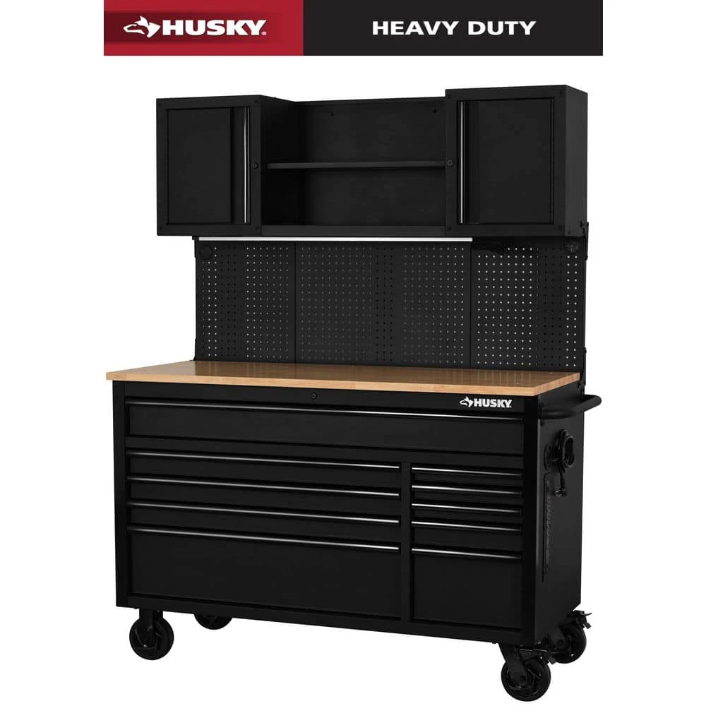Husky 56 In. W X 27.6 In. D 10-Drawer Matte Black Heavy-Duty Mobile Workbench With Pegboard And Top Cabinets 1 Husky 56 In. W X 27.6 In. D 10-Drawer Matte Black Heavy-Duty Mobile Workbench With Pegboard And Top Cabinets