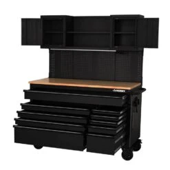 Husky 56 In. W X 27.6 In. D 10-Drawer Matte Black Heavy-Duty Mobile Workbench With Pegboard And Top Cabinets 18 Husky 56 In. W X 27.6 In. D 10-Drawer Matte Black Heavy-Duty Mobile Workbench With Pegboard And Top Cabinets -Husky Shop matte black husky mobile workbenches h56ultwsmb a0 1000
