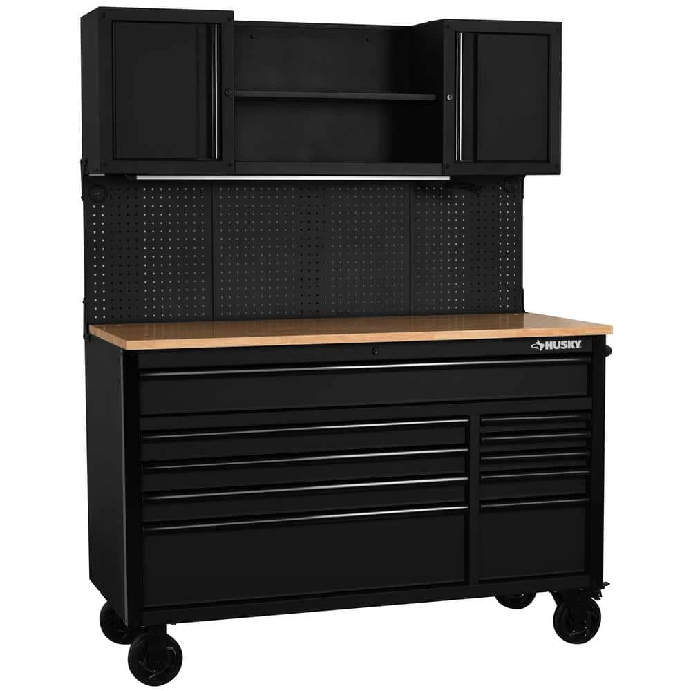 Husky 56 In. W X 27.6 In. D 10-Drawer Matte Black Heavy-Duty Mobile Workbench With Pegboard And Top Cabinets 8 Husky 56 In. W X 27.6 In. D 10-Drawer Matte Black Heavy-Duty Mobile Workbench With Pegboard And Top Cabinets - Image 8