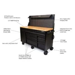 Husky 61 In. W X 26 In. D Heavy Duty 10-Drawer 1-Door Mobile Workbench With Hardwood Top, Pegboard And Shelf In Matte Black -Husky Shop matte black husky mobile workbenches hotc6110bb1m 40 1000