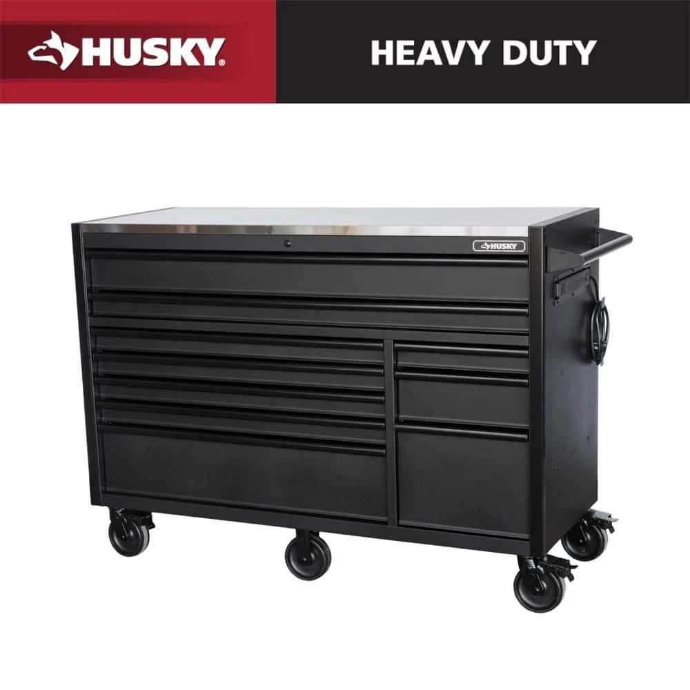 Husky Modular Tool Storage 62 In. W X 24 In. D Heavy Duty Matte Black Mobile Workbench Cabinet With Stainless Steel Top 1 Husky Modular Tool Storage 62 In. W X 24 In. D Heavy Duty Matte Black Mobile Workbench Cabinet With Stainless Steel Top