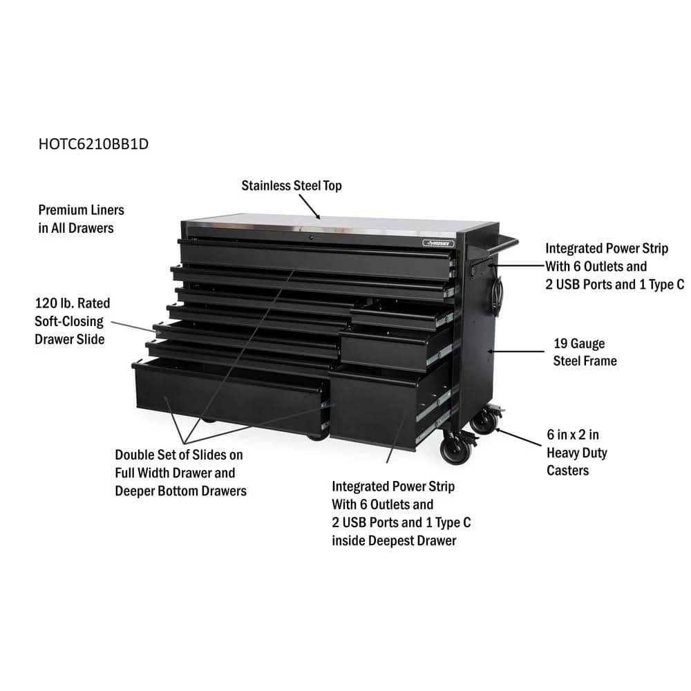 Husky Modular Tool Storage 62 In. W X 24 In. D Heavy Duty Matte Black Mobile Workbench Cabinet With Stainless Steel Top 7 Husky Modular Tool Storage 62 In. W X 24 In. D Heavy Duty Matte Black Mobile Workbench Cabinet With Stainless Steel Top - Image 7