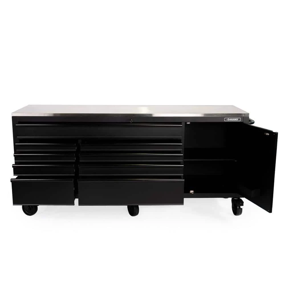 Husky 84 In. W X 24 In. D 9-Drawer Heavy-Duty Mobile Workbench With Stainless Steel Top In Matte Black 10 Husky 84 In. W X 24 In. D 9-Drawer Heavy-Duty Mobile Workbench With Stainless Steel Top In Matte Black - Image 10