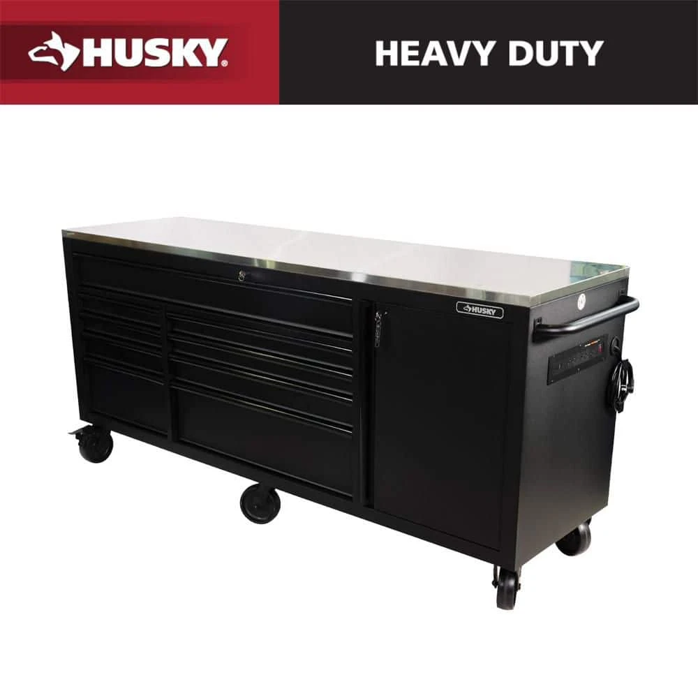 Husky 84 In. W X 24 In. D 9-Drawer Heavy-Duty Mobile Workbench With Stainless Steel Top In Matte Black 1 Husky 84 In. W X 24 In. D 9-Drawer Heavy-Duty Mobile Workbench With Stainless Steel Top In Matte Black