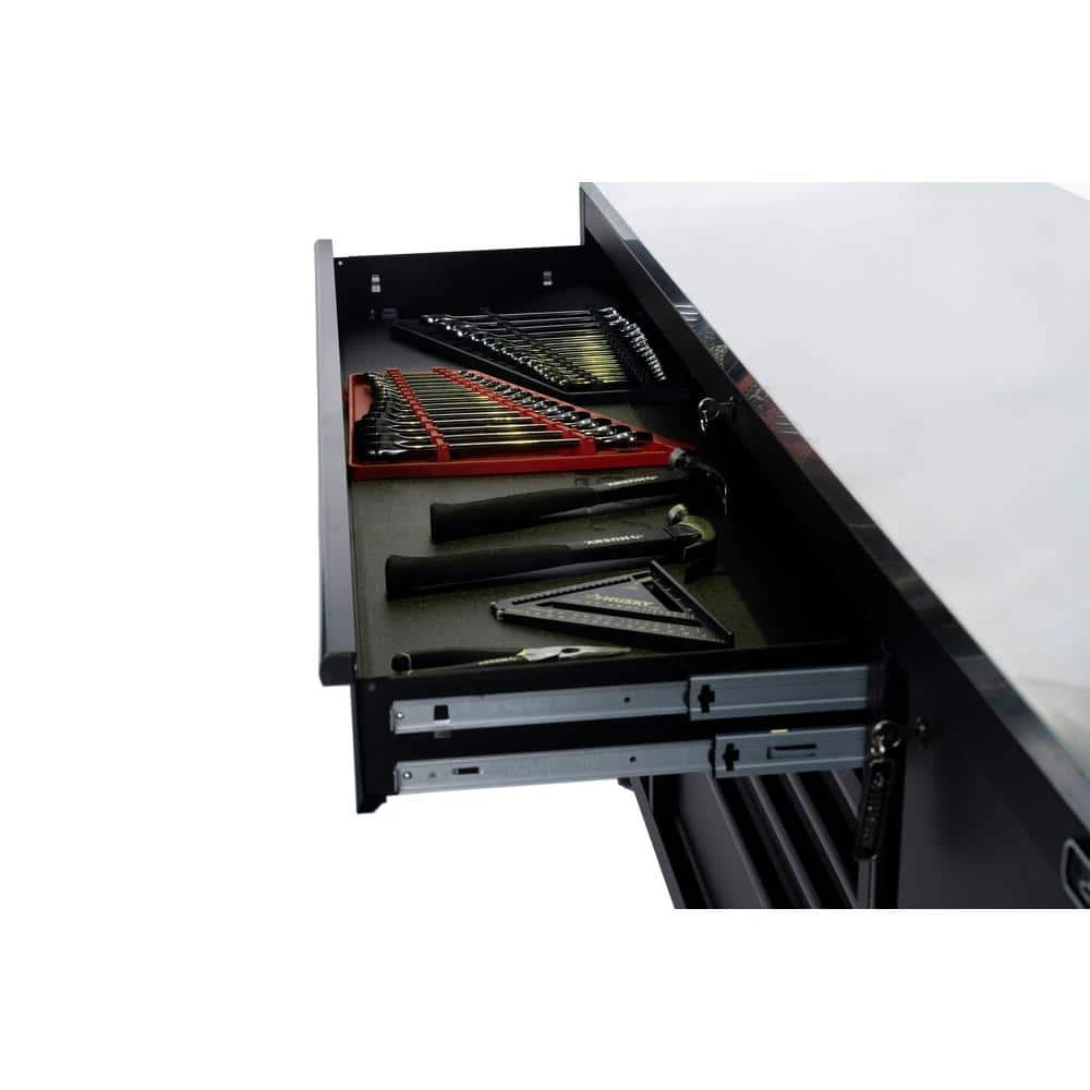 Husky 84 In. W X 24 In. D 9-Drawer Heavy-Duty Mobile Workbench With Stainless Steel Top In Matte Black 13 Husky 84 In. W X 24 In. D 9-Drawer Heavy-Duty Mobile Workbench With Stainless Steel Top In Matte Black - Image 13