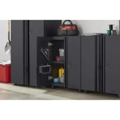 Husky Regular Duty Welded 24-Gauge Steel 2-Door Garage Base Cabinet In Black (24 In. W X 33 In. H X 16 In. D) -Husky Shop matte black powder coating husky free standing cabinets h24bc2door 31 1000