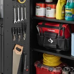 Husky Regular Duty Welded 24-Gauge Steel Freestanding Garage Cabinet In Black (31 In. W X 75 In. H X 20 In. D) -Husky Shop matte black powder coating husky free standing cabinets h30locker 66 1000