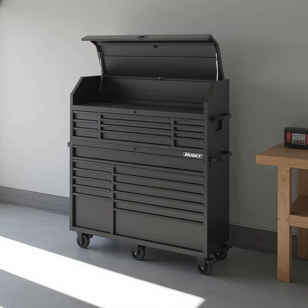 Husky 56 In. W X 22 In. D Heavy Duty 23-Drawer Combination Rolling Tool Chest And Top Tool Cabinet Set In Matte Black 2 Husky 56 In. W X 22 In. D Heavy Duty 23-Drawer Combination Rolling Tool Chest And Top Tool Cabinet Set In Matte Black - Image 2
