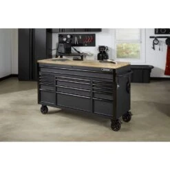 Husky 61 In. W X 23 In. D Heavy Duty 15-Drawer Mobile Workbench Tool Chest With Solid Wood Top In Matte Black -Husky Shop matte black with black trim husky mobile workbenches h61mwc15hp c a0 1000