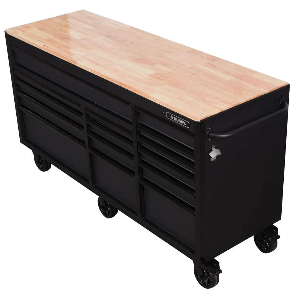 Husky Heavy-Duty 72 In. W X 24 In. D 15-Drawer Matte Black Mobile Workbench Cabinet With Solid Wood Top 3 Husky Heavy-Duty 72 In. W X 24 In. D 15-Drawer Matte Black Mobile Workbench Cabinet With Solid Wood Top - Image 3