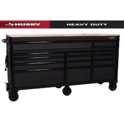 Husky Heavy-Duty 72 In. W X 24 In. D 15-Drawer Matte Black Mobile Workbench Cabinet With Solid Wood Top