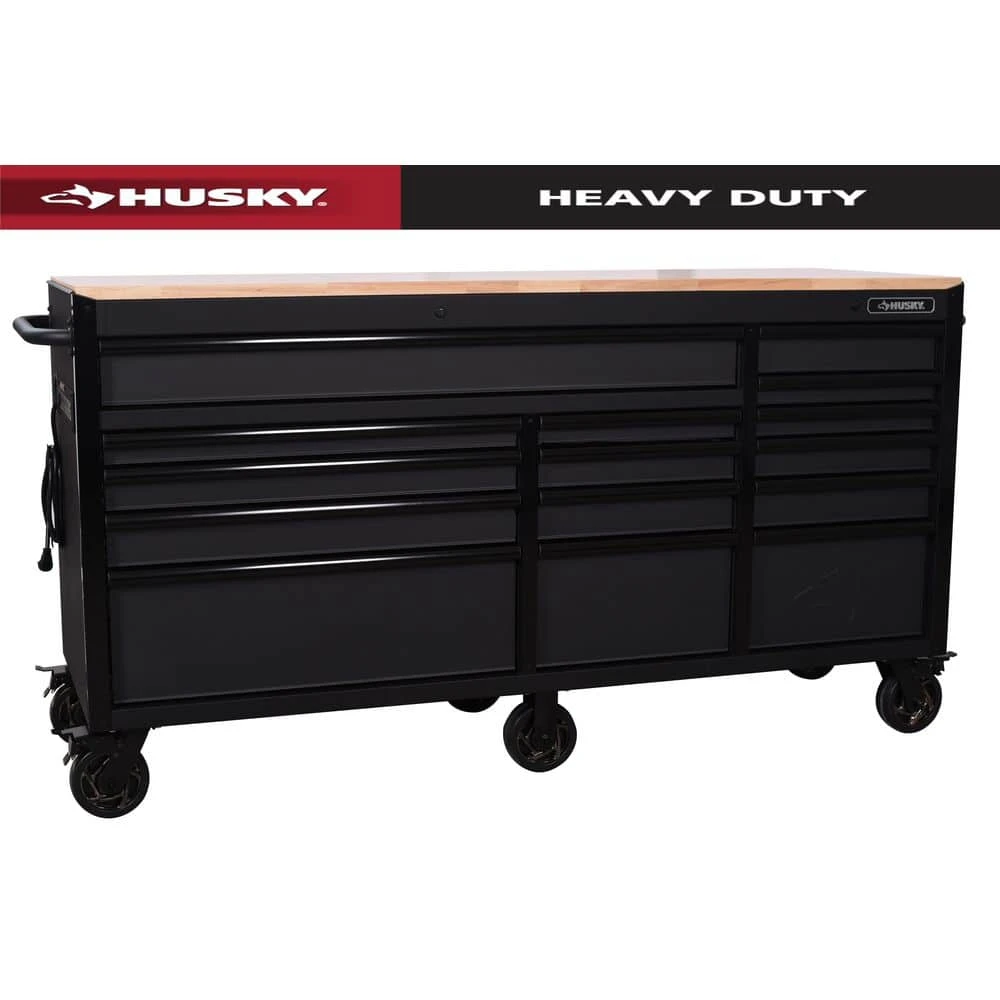 Husky Heavy-Duty 72 In. W X 24 In. D 15-Drawer Matte Black Mobile Workbench Cabinet With Solid Wood Top 1 Husky Heavy-Duty 72 In. W X 24 In. D 15-Drawer Matte Black Mobile Workbench Cabinet With Solid Wood Top