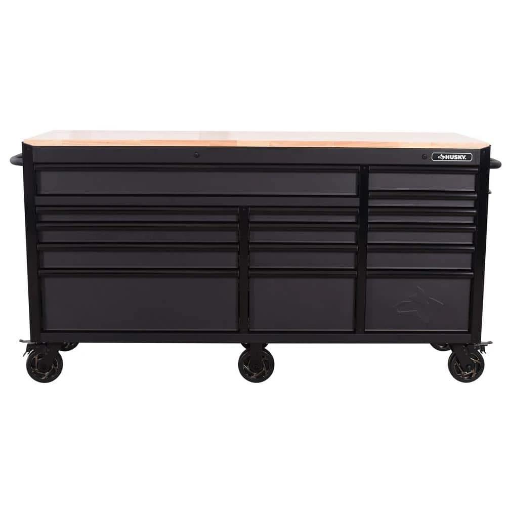 Husky Heavy-Duty 72 In. W X 24 In. D 15-Drawer Matte Black Mobile Workbench Cabinet With Solid Wood Top 2 Husky Heavy-Duty 72 In. W X 24 In. D 15-Drawer Matte Black Mobile Workbench Cabinet With Solid Wood Top - Image 2