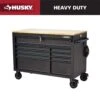 Husky 52 In. W X 25 In. D Heavy Duty 9-Drawer Mobile Workbench Cabinet With Adjustable-Height Hardwood Top In Matte Black -Husky Shop matte black with black trim husky mobile workbenches holc5209bb1m 64 1000