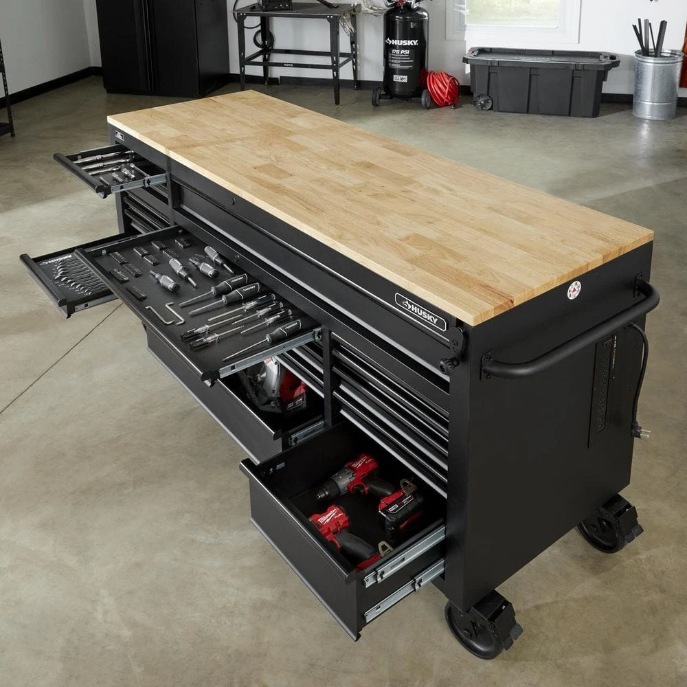 Husky 72 In. W X 24 In. D Heavy Duty 18-Drawer Mobile Workbench Cabinet With Adjustable-Height Hardwood Top In Matte Black 5 Husky 72 In. W X 24 In. D Heavy Duty 18-Drawer Mobile Workbench Cabinet With Adjustable-Height Hardwood Top In Matte Black - Image 5