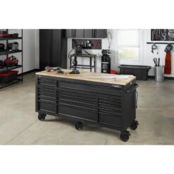 Husky 72 In. W X 24 In. D Heavy Duty 18-Drawer Mobile Workbench Cabinet With Adjustable-Height Hardwood Top In Matte Black 20 Husky 72 In. W X 24 In. D Heavy Duty 18-Drawer Mobile Workbench Cabinet With Adjustable-Height Hardwood Top In Matte Black -Husky Shop matte black with black trim husky mobile workbenches holc7218bb1mys 66 1000