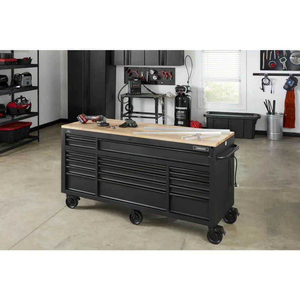 Husky 72 In. W X 24 In. D Heavy Duty 18-Drawer Mobile Workbench Cabinet With Adjustable-Height Hardwood Top In Matte Black 6 Husky 72 In. W X 24 In. D Heavy Duty 18-Drawer Mobile Workbench Cabinet With Adjustable-Height Hardwood Top In Matte Black - Image 6