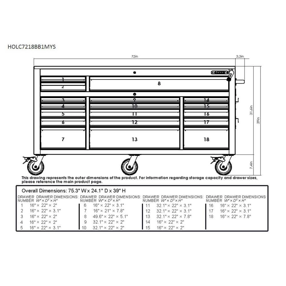 Husky 72 In. W X 24 In. D Heavy Duty 18-Drawer Mobile Workbench Cabinet With Adjustable-Height Hardwood Top In Matte Black 2 Husky 72 In. W X 24 In. D Heavy Duty 18-Drawer Mobile Workbench Cabinet With Adjustable-Height Hardwood Top In Matte Black - Image 2