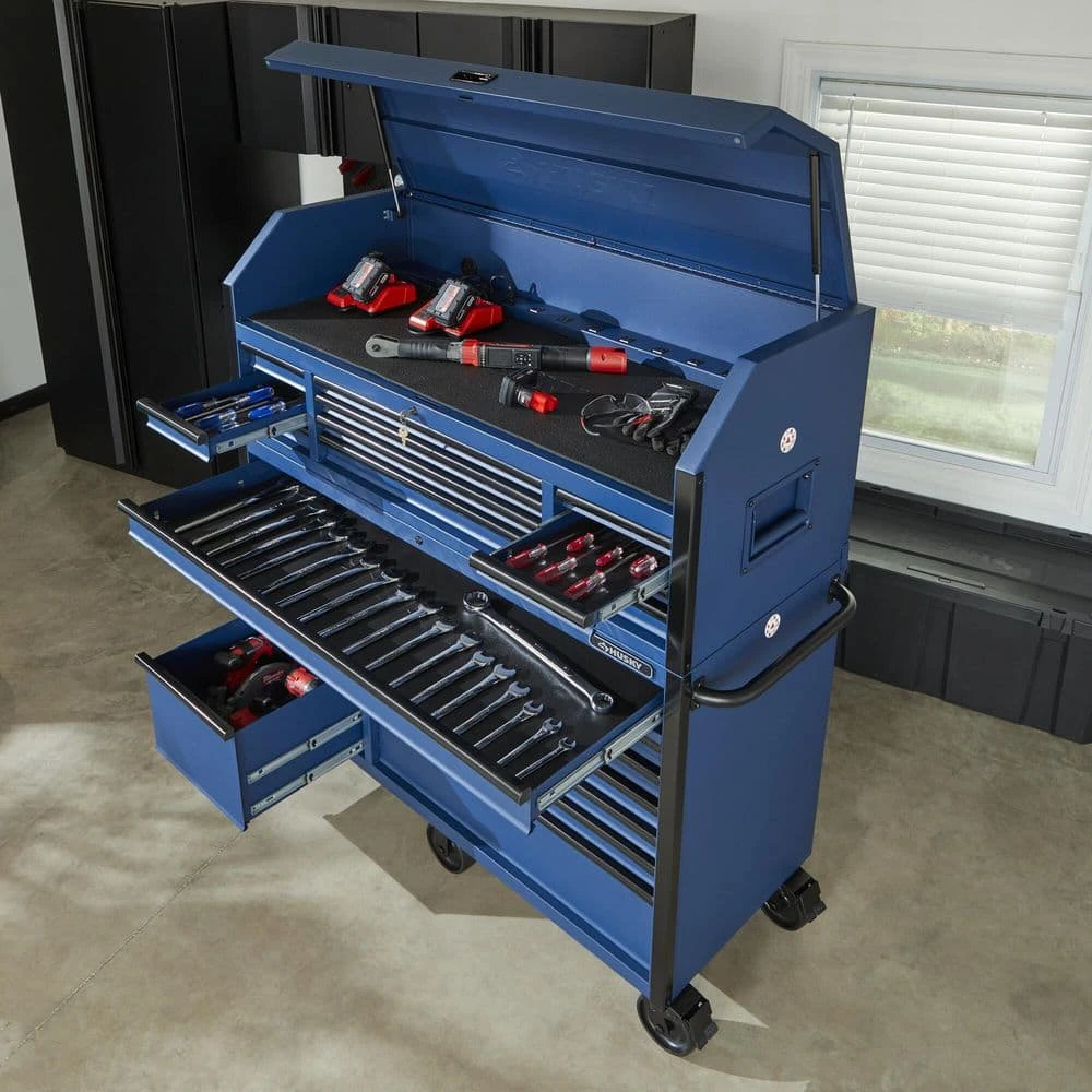 Husky 56 In. W X 22 In. D Heavy Duty 23-Drawer Combination Rolling Tool Chest And Top Tool Cabinet Set In Matte Blue 4 Husky 56 In. W X 22 In. D Heavy Duty 23-Drawer Combination Rolling Tool Chest And Top Tool Cabinet Set In Matte Blue - Image 4
