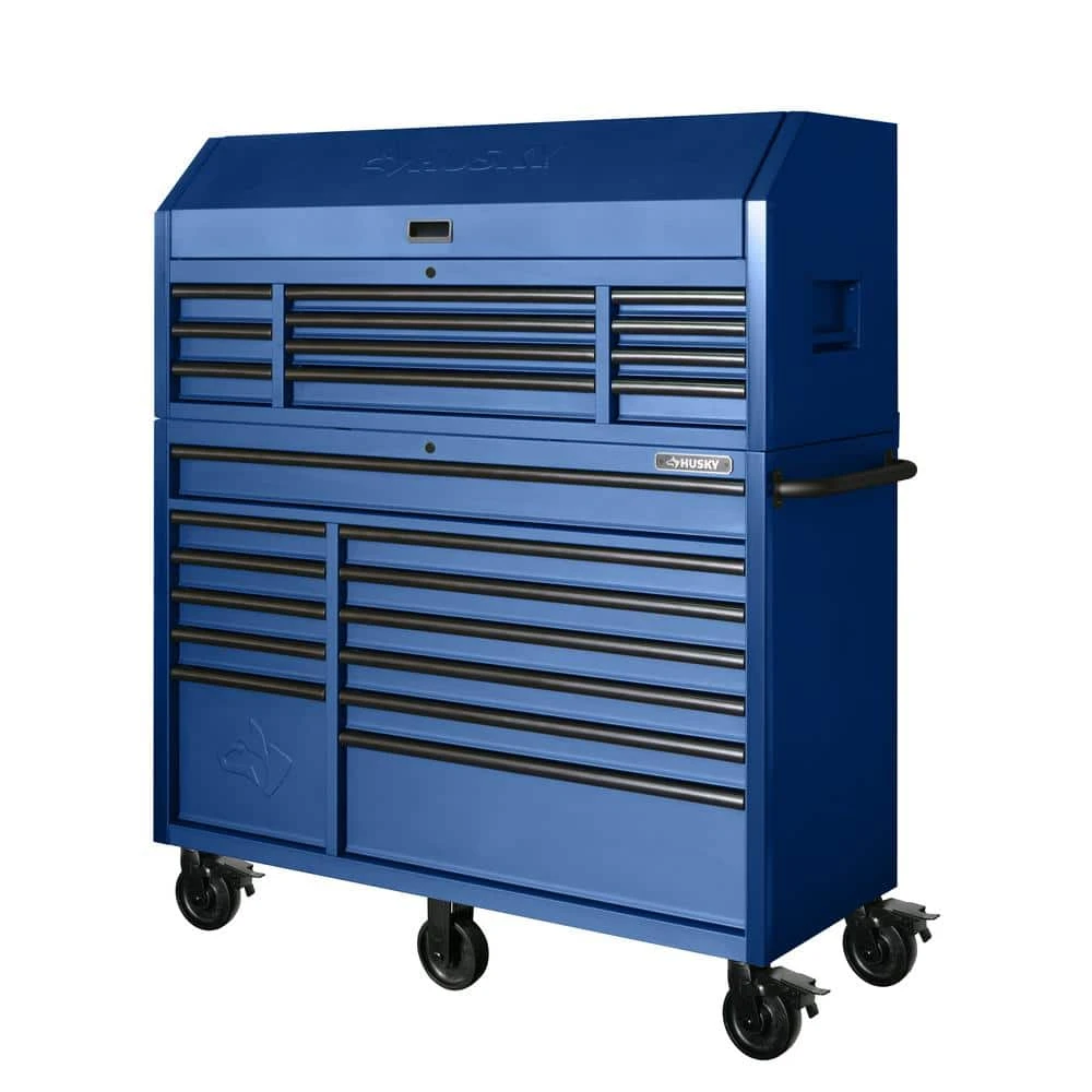 Husky 56 In. W X 22 In. D Heavy Duty 23-Drawer Combination Rolling Tool Chest And Top Tool Cabinet Set In Matte Blue 1 Husky 56 In. W X 22 In. D Heavy Duty 23-Drawer Combination Rolling Tool Chest And Top Tool Cabinet Set In Matte Blue