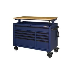 Husky 52 In. W X 25 In. D Heavy Duty 9-Drawer Mobile Workbench Tool Chest With Adjustable-Height Solid Wood Top In Matte Blue 23 Husky 52 In. W X 25 In. D Heavy Duty 9-Drawer Mobile Workbench Tool Chest With Adjustable-Height Solid Wood Top In Matte Blue -Husky Shop matte blue with black trim husky mobile workbenches holc5209bl1m 4f 1000