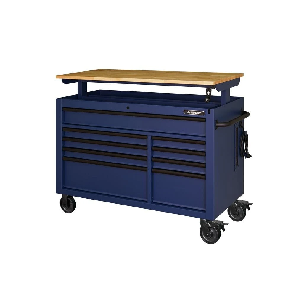 Husky 52 In. W X 25 In. D Heavy Duty 9-Drawer Mobile Workbench Tool Chest With Adjustable-Height Solid Wood Top In Matte Blue 9 Husky 52 In. W X 25 In. D Heavy Duty 9-Drawer Mobile Workbench Tool Chest With Adjustable-Height Solid Wood Top In Matte Blue - Image 9