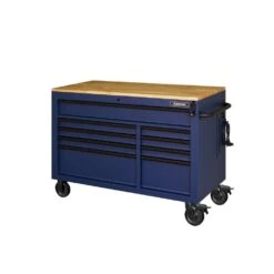 Husky 52 In. W X 25 In. D Heavy Duty 9-Drawer Mobile Workbench Tool Chest With Adjustable-Height Solid Wood Top In Matte Blue