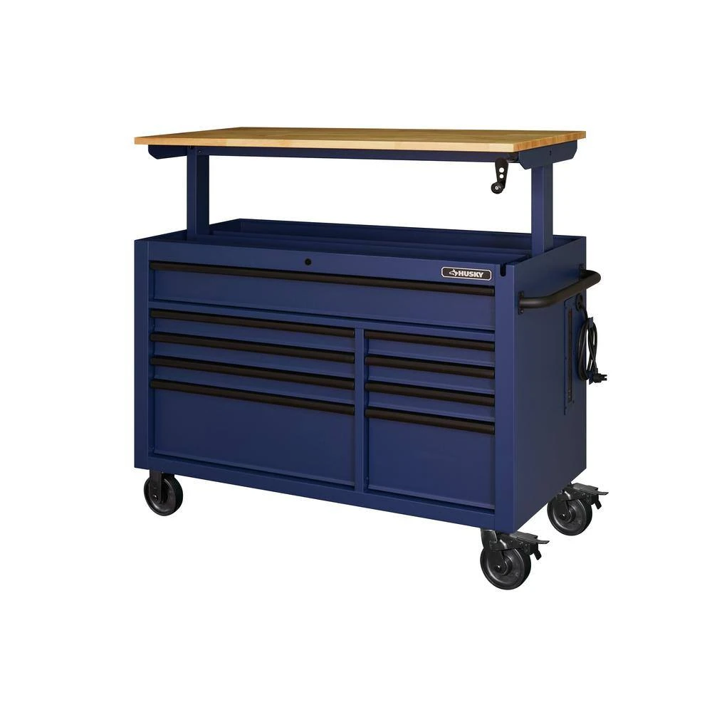 Husky 52 In. W X 25 In. D Heavy Duty 9-Drawer Mobile Workbench Tool Chest With Adjustable-Height Solid Wood Top In Matte Blue 6 Husky 52 In. W X 25 In. D Heavy Duty 9-Drawer Mobile Workbench Tool Chest With Adjustable-Height Solid Wood Top In Matte Blue - Image 6