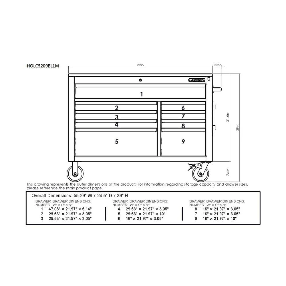Husky 52 In. W X 25 In. D Heavy Duty 9-Drawer Mobile Workbench Tool Chest With Adjustable-Height Solid Wood Top In Matte Blue 4 Husky 52 In. W X 25 In. D Heavy Duty 9-Drawer Mobile Workbench Tool Chest With Adjustable-Height Solid Wood Top In Matte Blue - Image 4